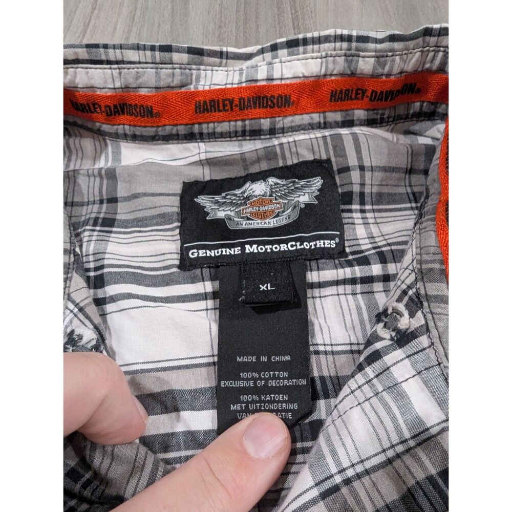 Harley Davidson Short Sleeve Plaid Button Up Shirt HDMC Graphic B&W Men's XL - Picture 5 of 8